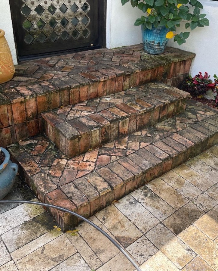 Brick porch steps before pressure washing — covered in mold and grime